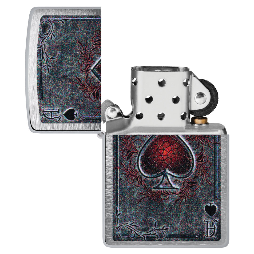 Zippo Antiqued Ace Design Brushed Chrome Windproof Lighter with its lid open and unlit.