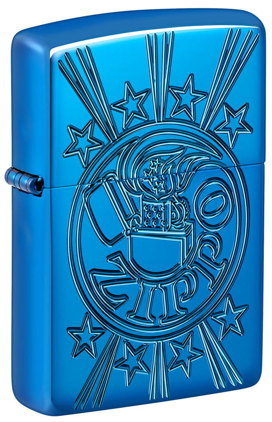 Front shot of Zippo Starburst Design Armor® High Polish Blue Windproof Lighter standing at a 3/4 angle.