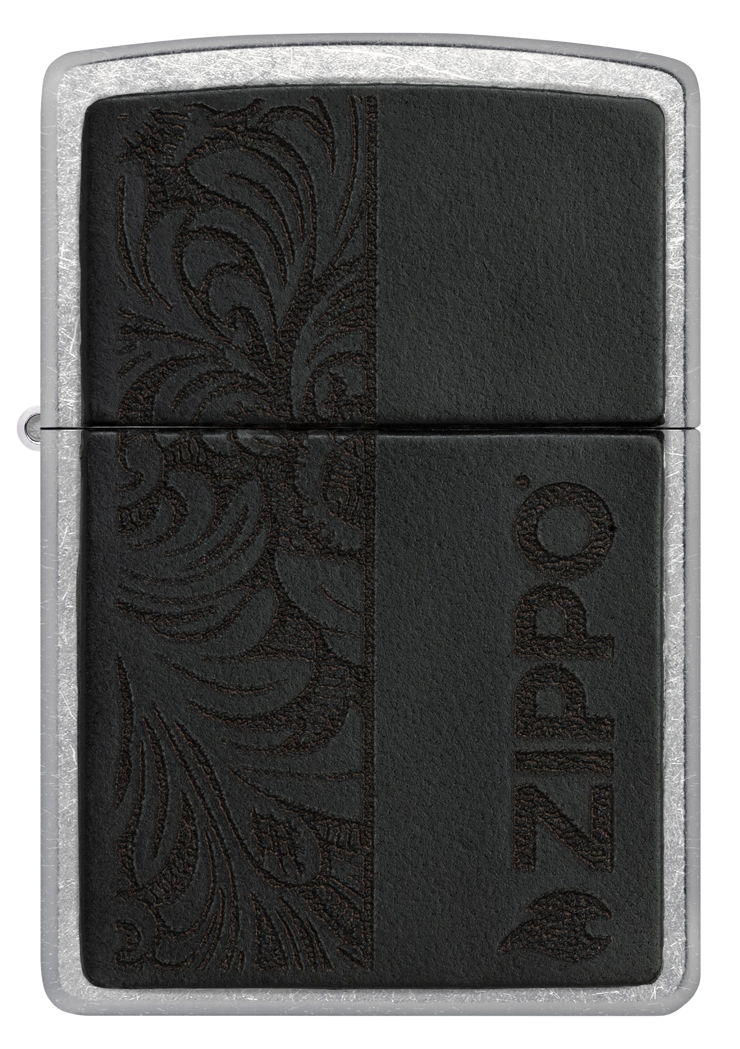 Front view of Zippo Black Leather Emblem - Zippo Design Street Chrome Windproof Lighter.