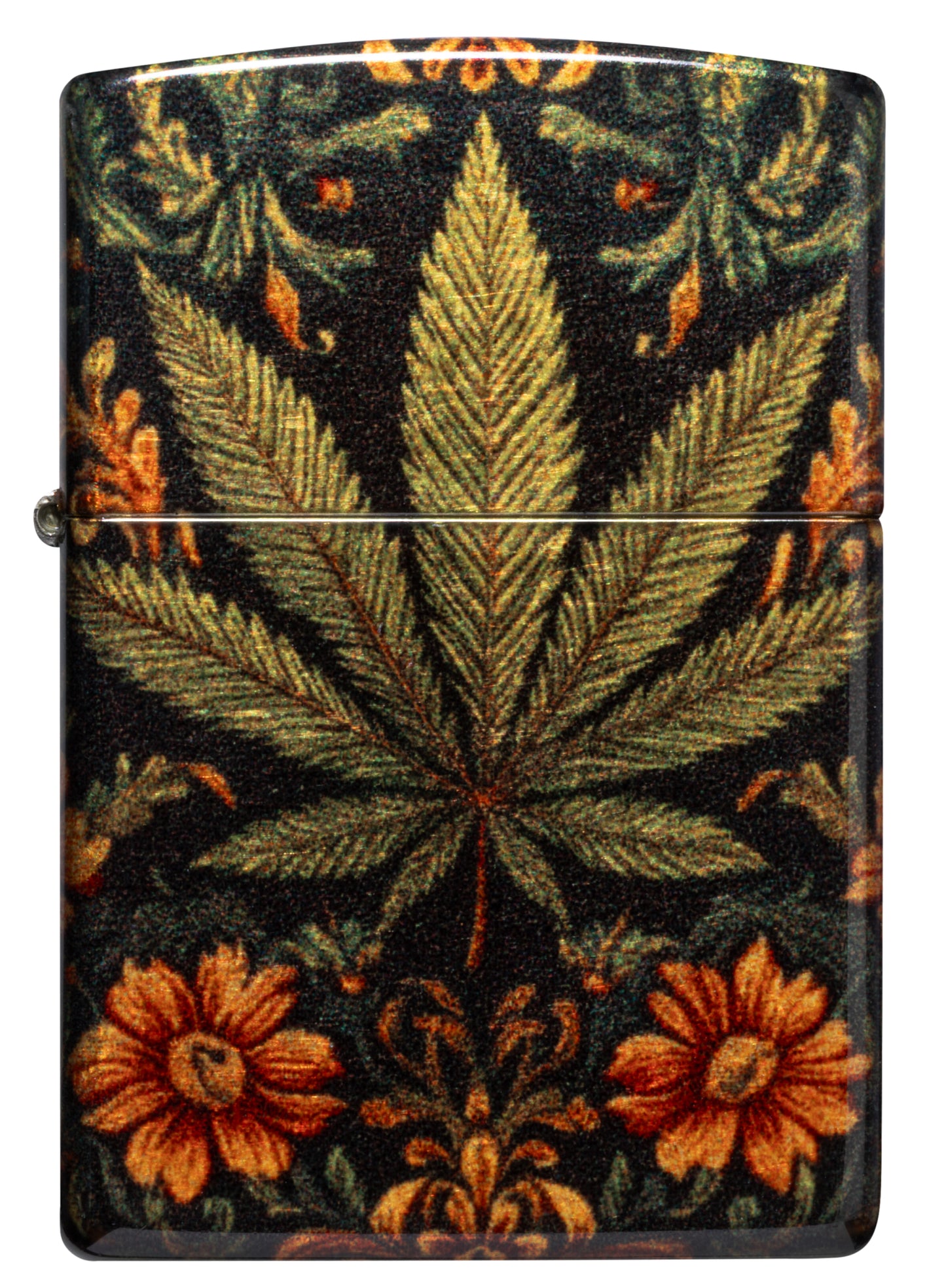 Front view of Zippo Cannabis Tapestry Design Tumbled Brass Windproof Lighter.