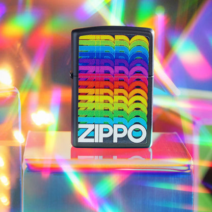 Lifestyle image of Zippo Techno Design Black Matte Windproof Lighter standing on a cube with prism lights surrounding it.