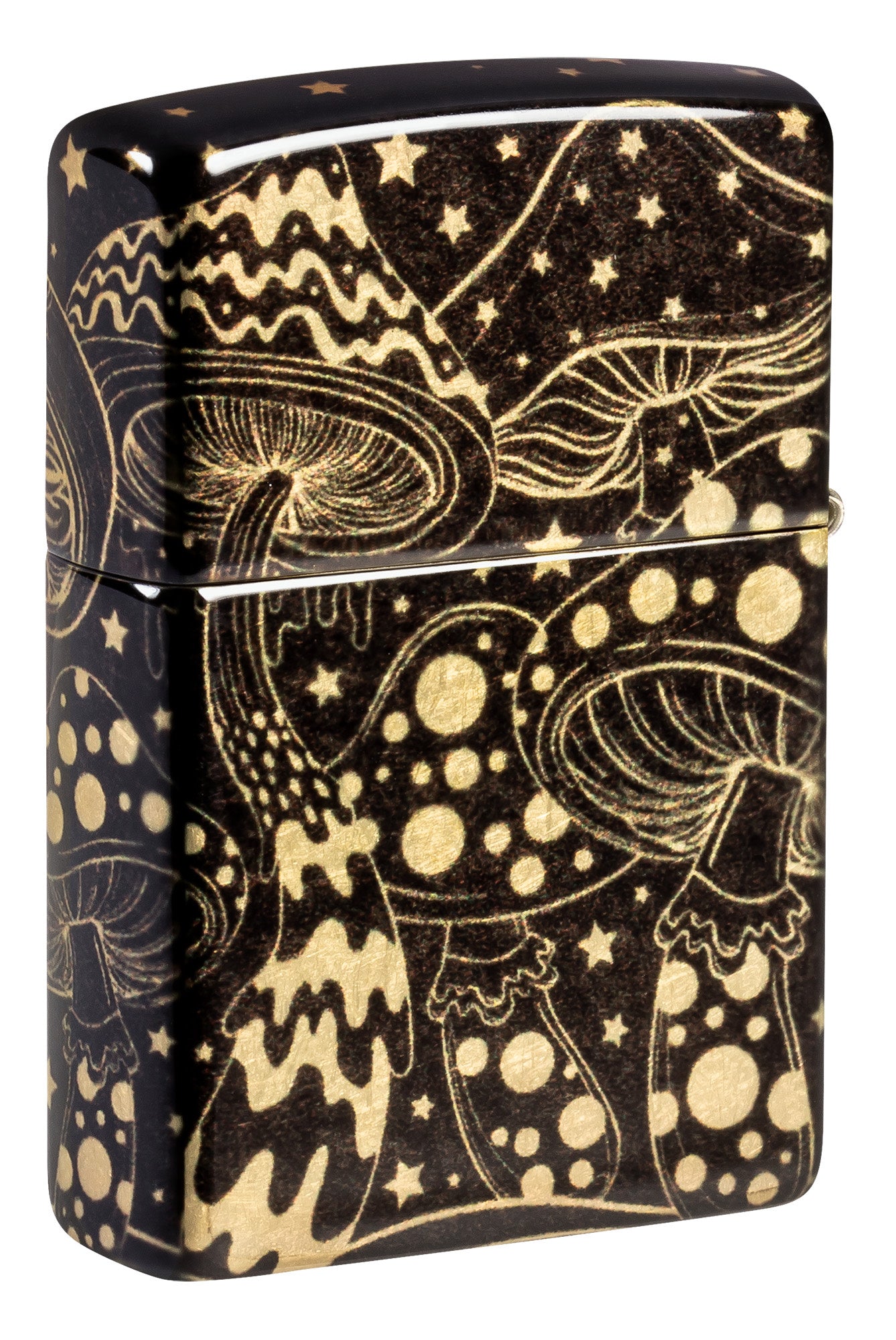 Back view of Zippo Mushroom Drift Design 540 Tumbled Brass Windproof Lighter standing at a 3/4 angle.