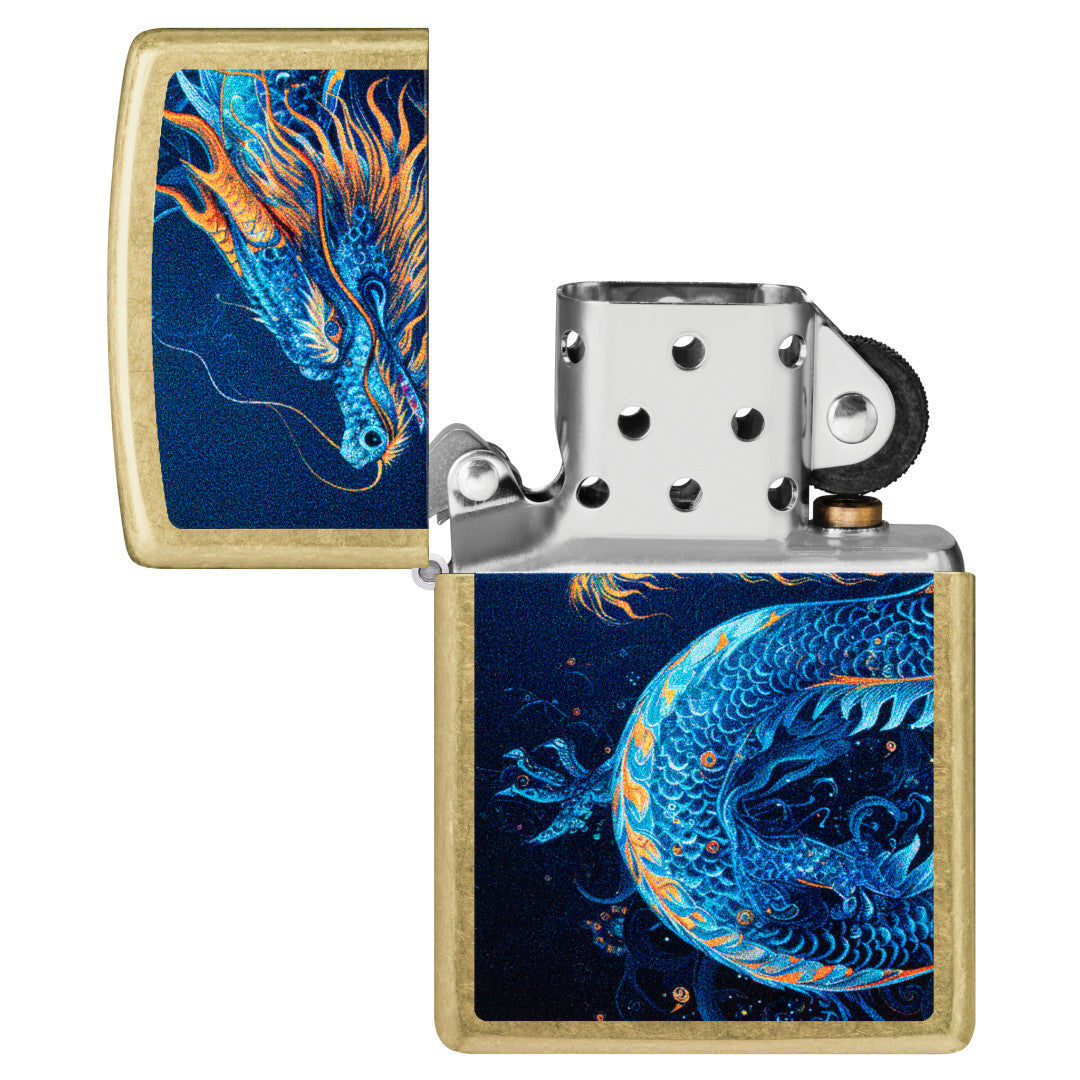 Zippo Sea Dragon Design Street Brass Windproof Lighter with its lid open and unlit.