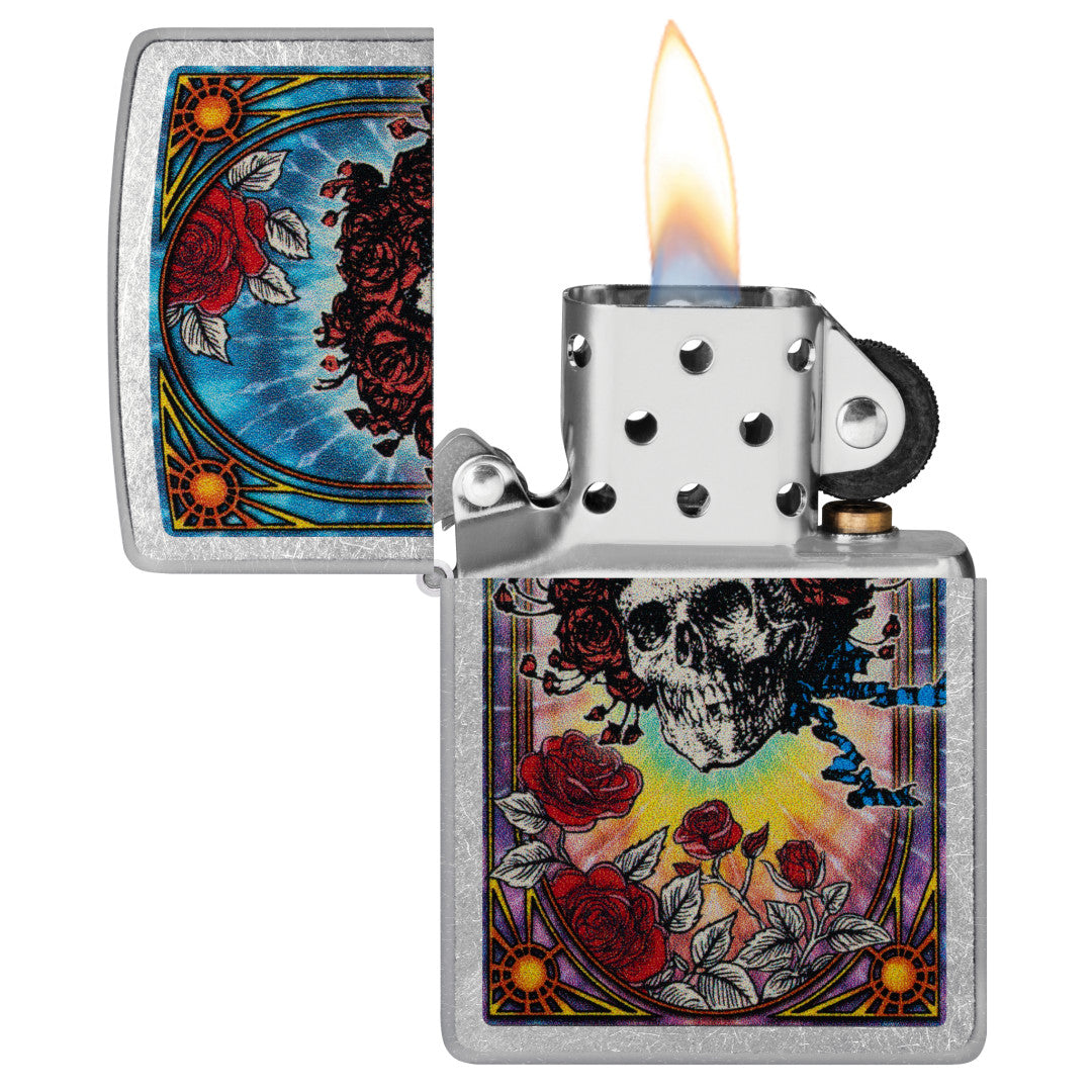 Zippo Grateful Dead Bertha Design Street Chrome Windproof Lighter with its lid open and lit.