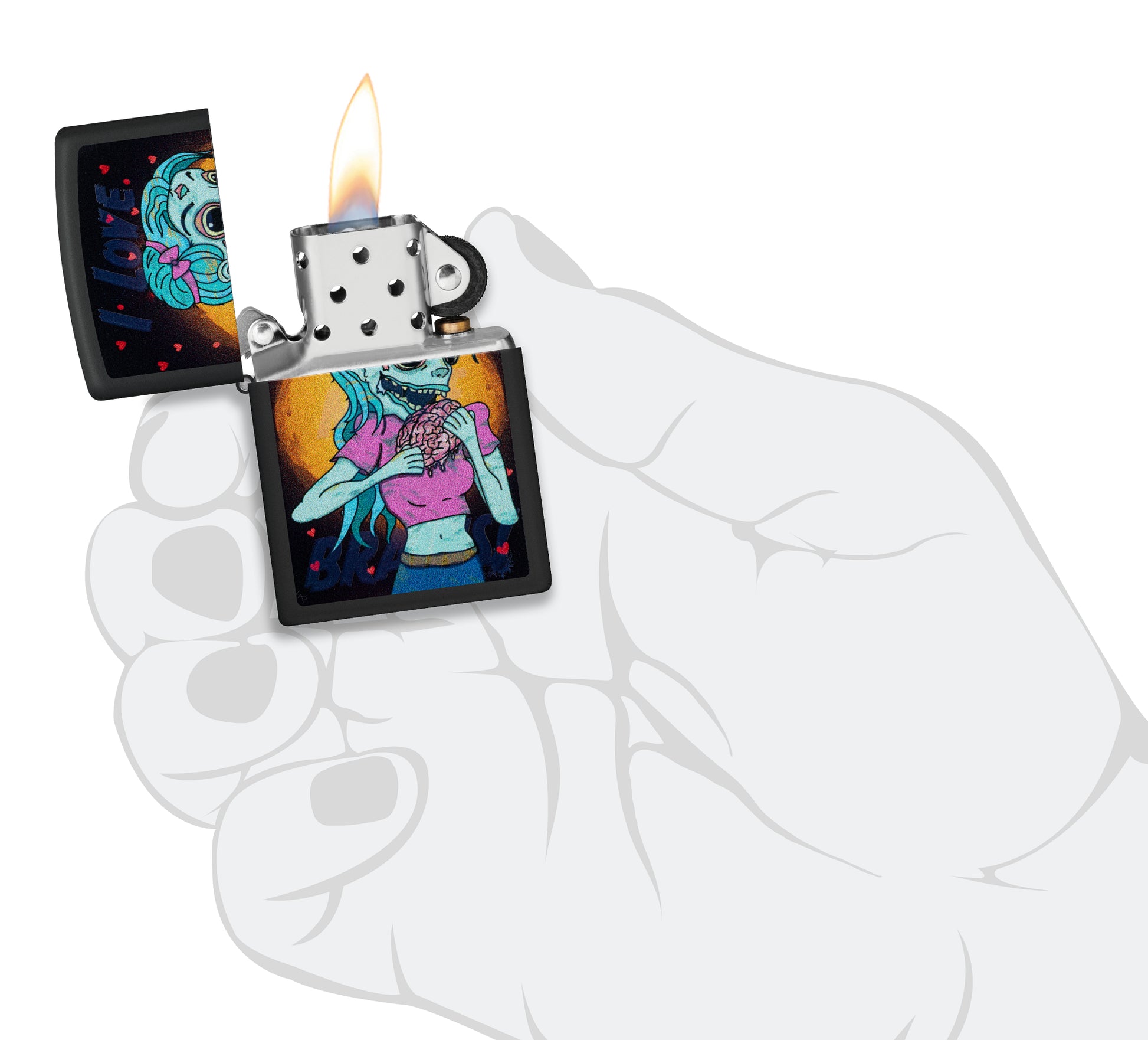 Zippo Black Light Brainiac Design Black Matte Windproof Lighter lit in hand.
