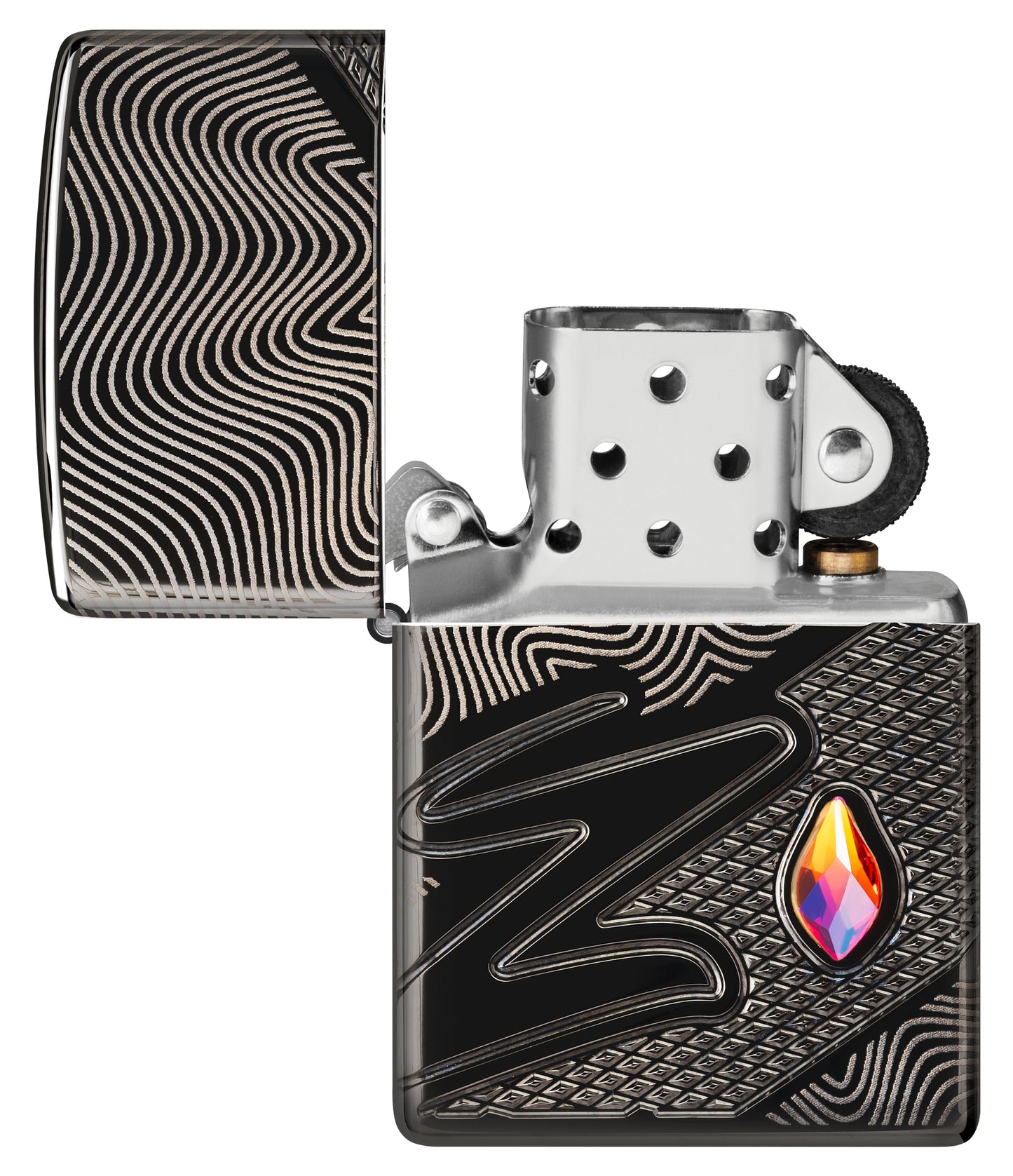Zippo Z Crystal Design Armor® High Polish Black Windproof Lighter with its lid open and unlit.