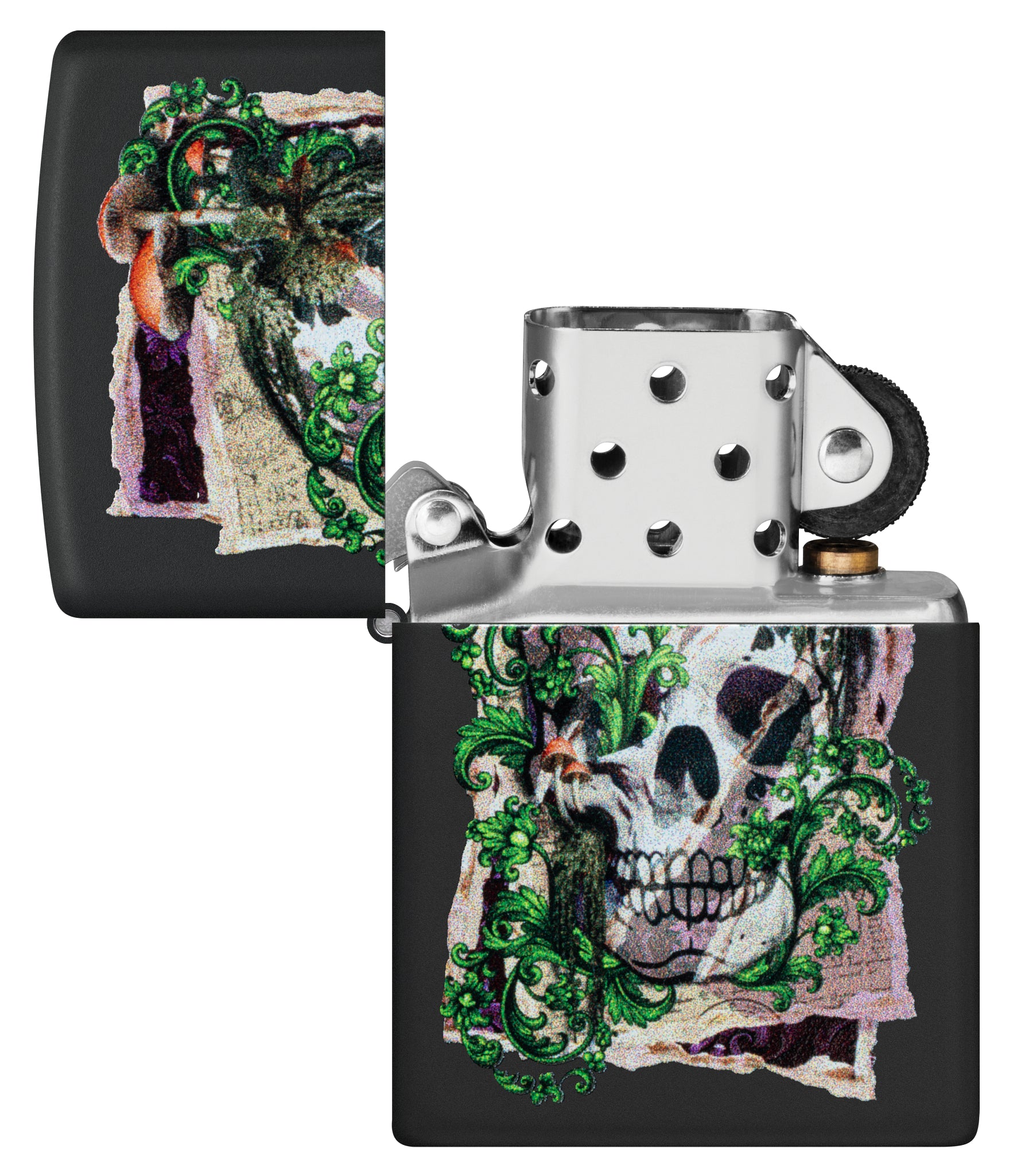 Zippo Skull Collage Design Black Matte Windproof Lighter with its lid open and unlit.