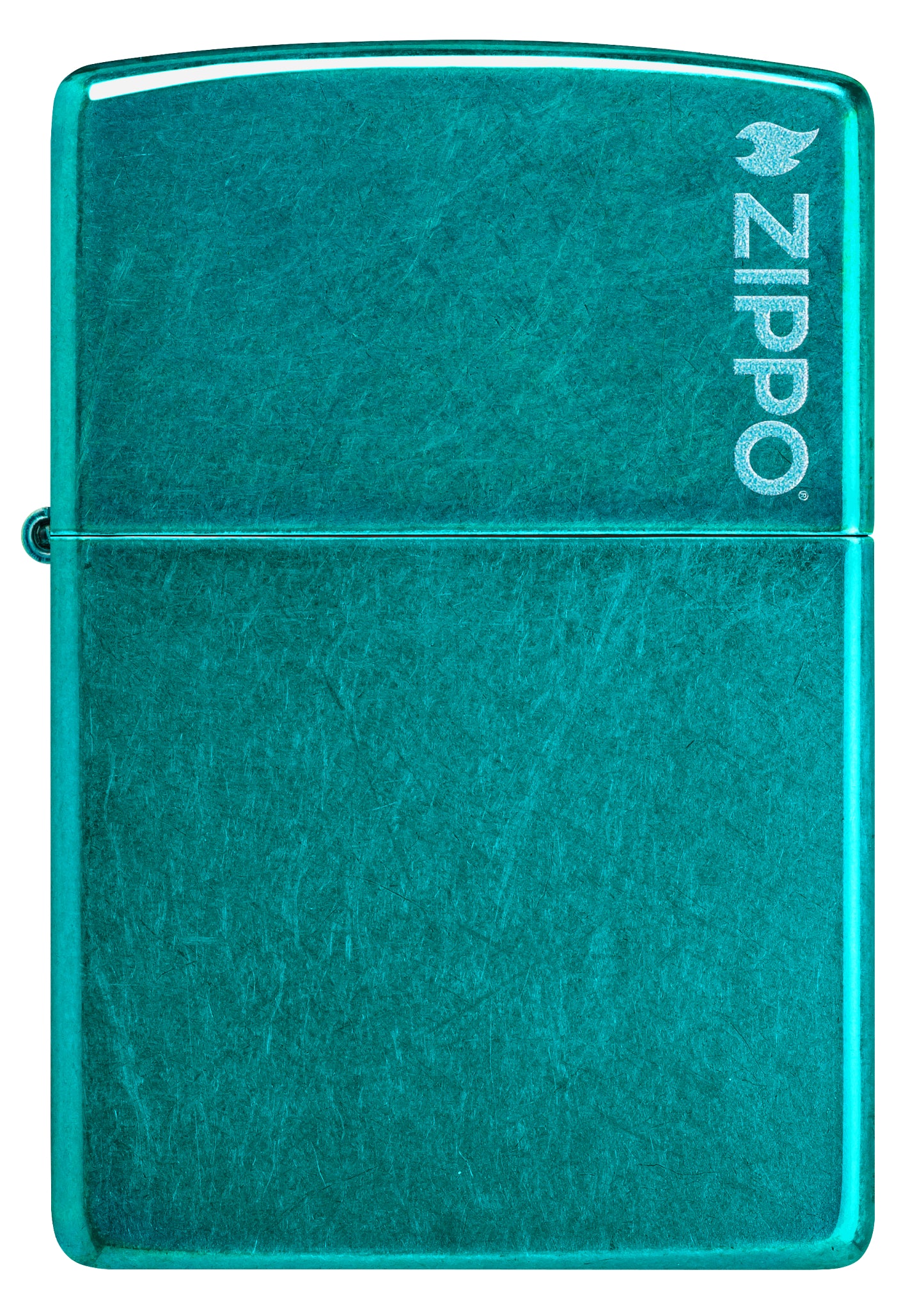 Front view of Zippo Classic Candy Teal Zippo Logo Windproof Lighter.