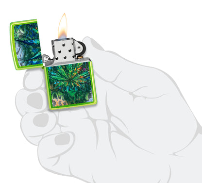 Zippo Graffiti Leaf Design Lurid Windproof Lighter lit in hand.