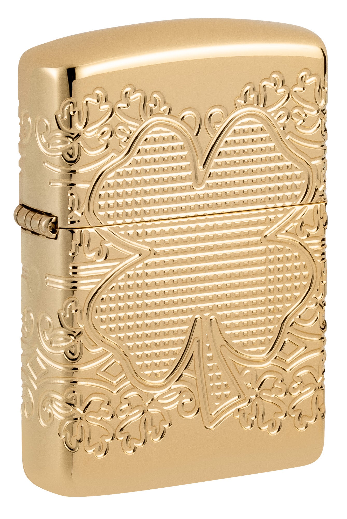 Front shot of Zippo Lucky Clover Design Armor® High Polish Gold Plate Windproof Lighter standing at a 3/4 angle.