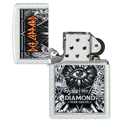 Zippo Def Leppard Diamond Star Halos Design Glacier Windproof Lighter with its lid open and unlit.