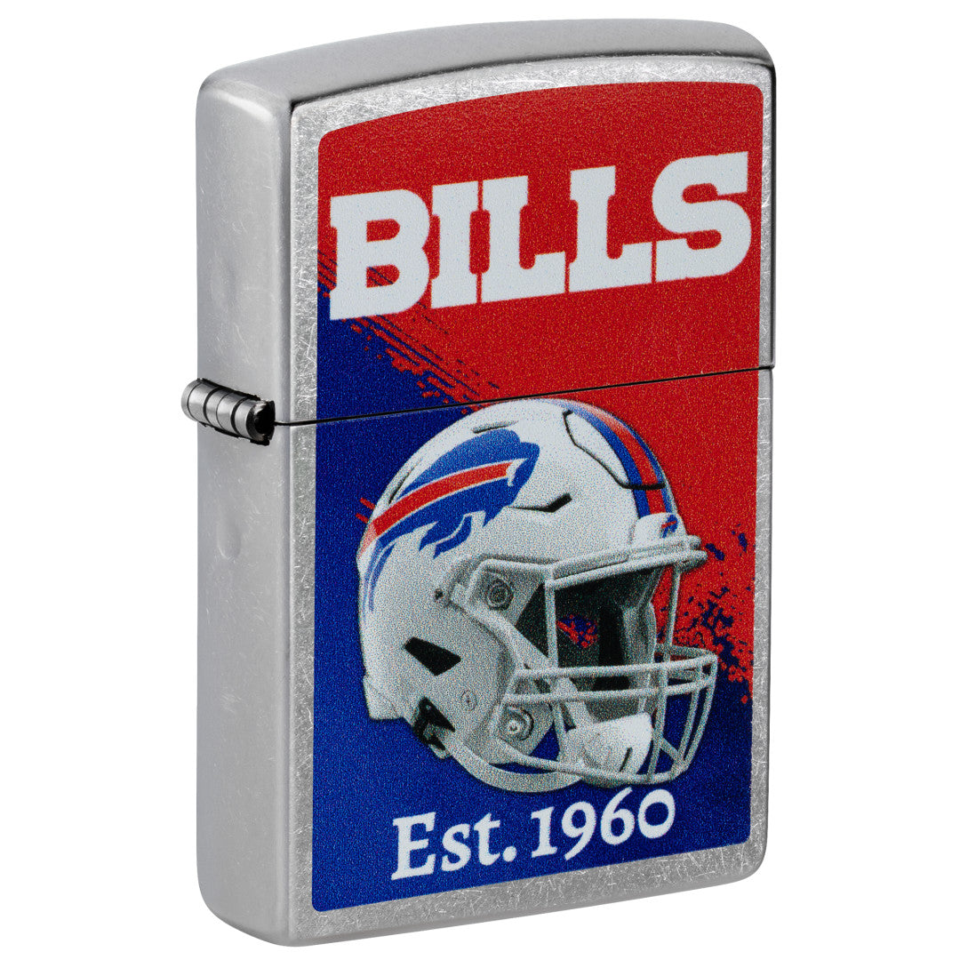 Front shot of Zippo NFL Buffalo Bills Helmet Design Street Chrome Windproof Lighter standing at a 3/4 angle.