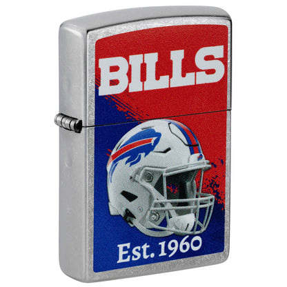 Front shot of Zippo NFL Buffalo Bills Helmet Design Street Chrome Windproof Lighter standing at a 3/4 angle.