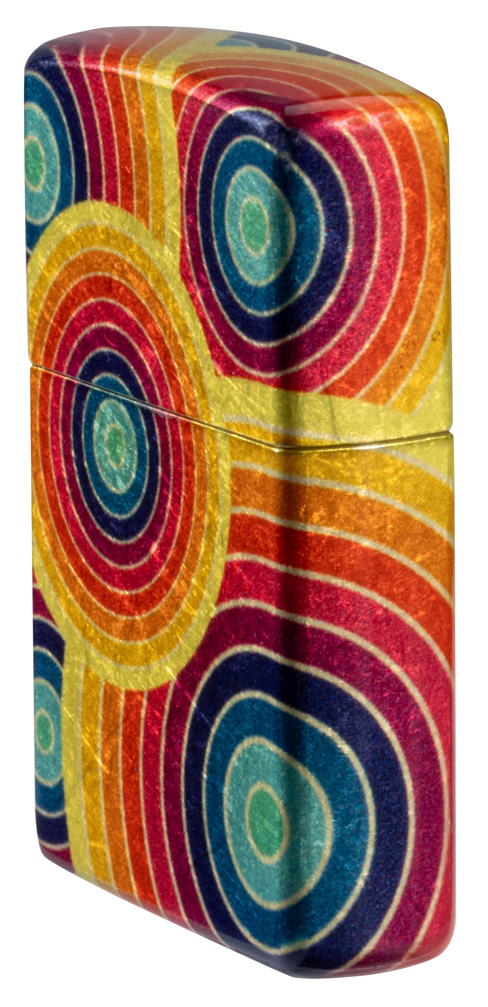 Angled shot of  Zippo Funky Fusion Design 540 Tumbled Brass Windproof Lighter showing the front and non-hinge side of the lighter.