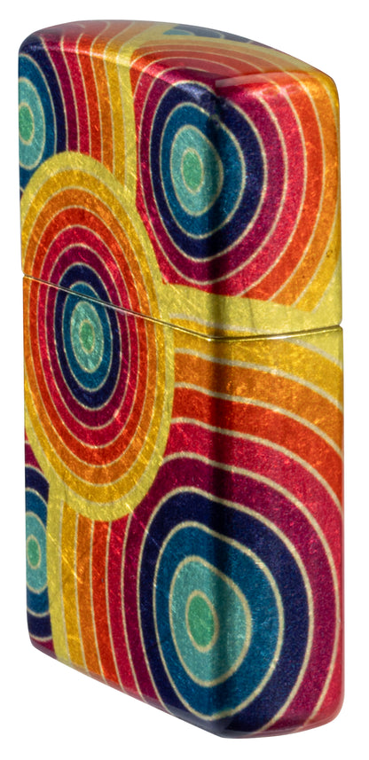 Angled shot of  Zippo Funky Fusion Design 540 Tumbled Brass Windproof Lighter showing the front and non-hinge side of the lighter.