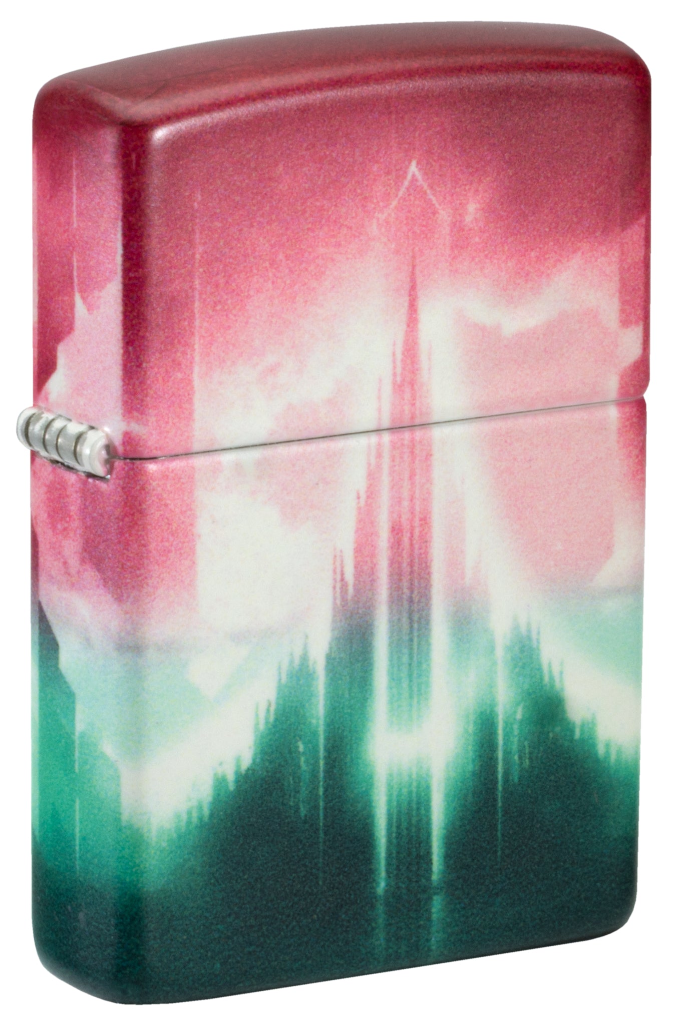 Front shot of Zippo Wicked City Design Glow in the dark Green Windproof Lighter standing at a 3/4 angle.