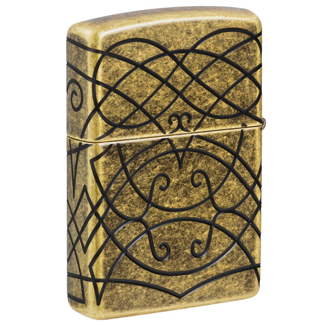Back view of Zippo Celtic Flame Design Armor® Antique Brass Windproof Lighter standing at a 3/4 angle.