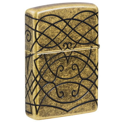Back view of Zippo Celtic Flame Design Armor® Antique Brass Windproof Lighter standing at a 3/4 angle.