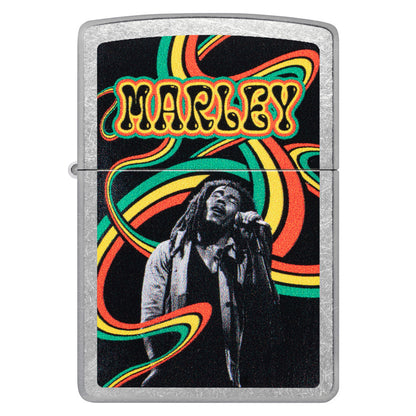 Front view of Zippo Bob Marley Waves Design Street Chrome Windproof Lighter.