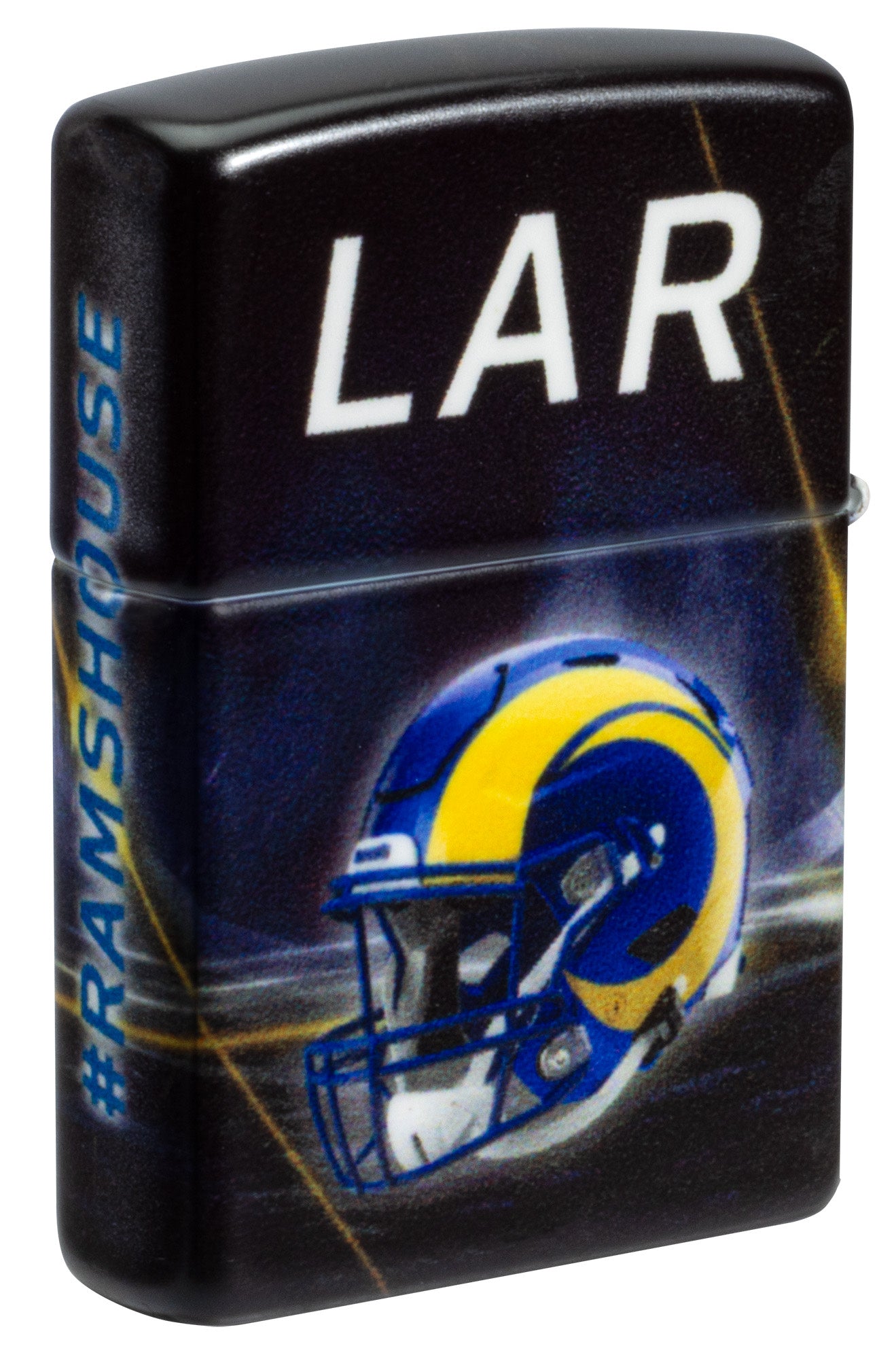 Back shot of Zippo NFL Los Angeles Rams 540 Matte Windproof Lighter standing at a 3/4 angle.