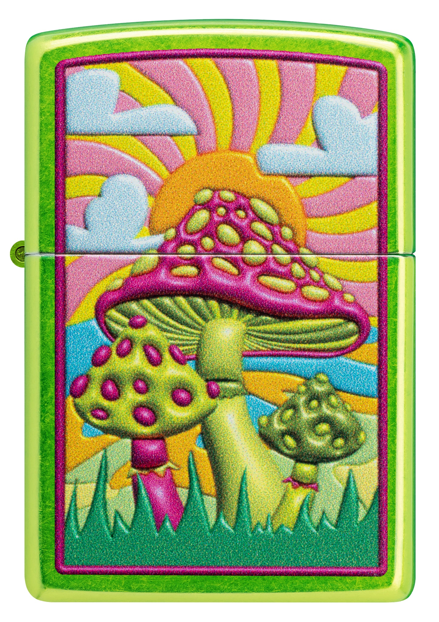 Front view of Zippo Spotted Mushrooms Design Lurid Windproof Lighter.