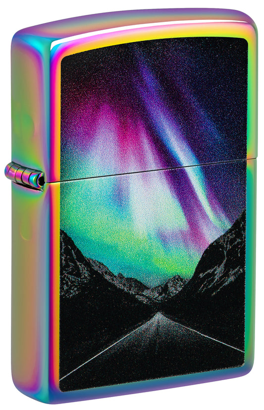 Zippo Aurora Road Design Multi Color Windproof Lighter standing at a 3/4 angle.