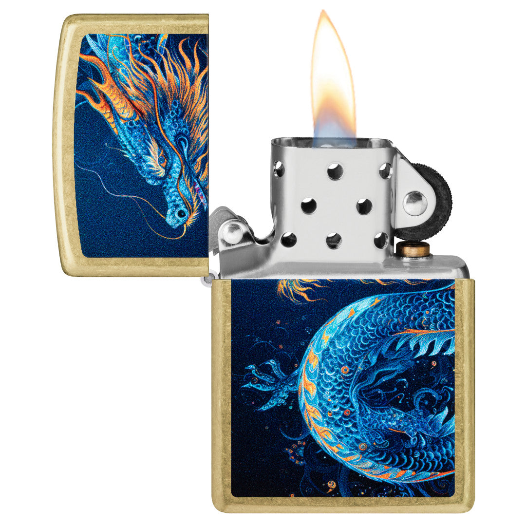 Zippo Sea Dragon Design Street Brass Windproof Lighter with its lid open and lit.
