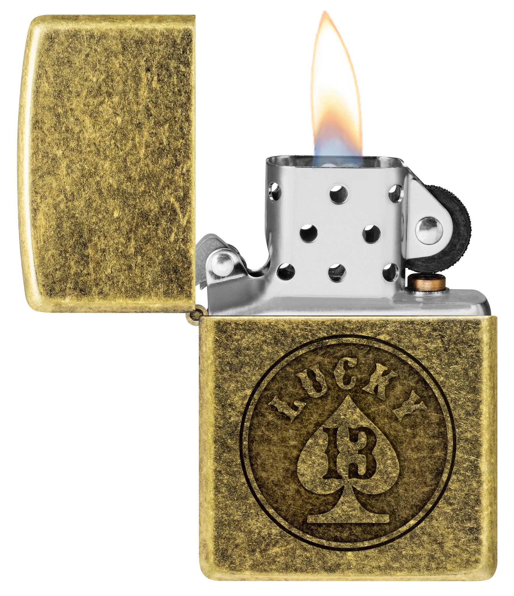 Zippo Lucky 13 Design Antique Brass Windproof Lighter with its lid open and lit.
