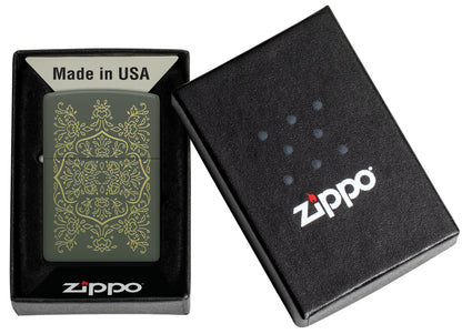 Zippo Floral Mandala Design Green Matte Windproof Lighter in its packaging.