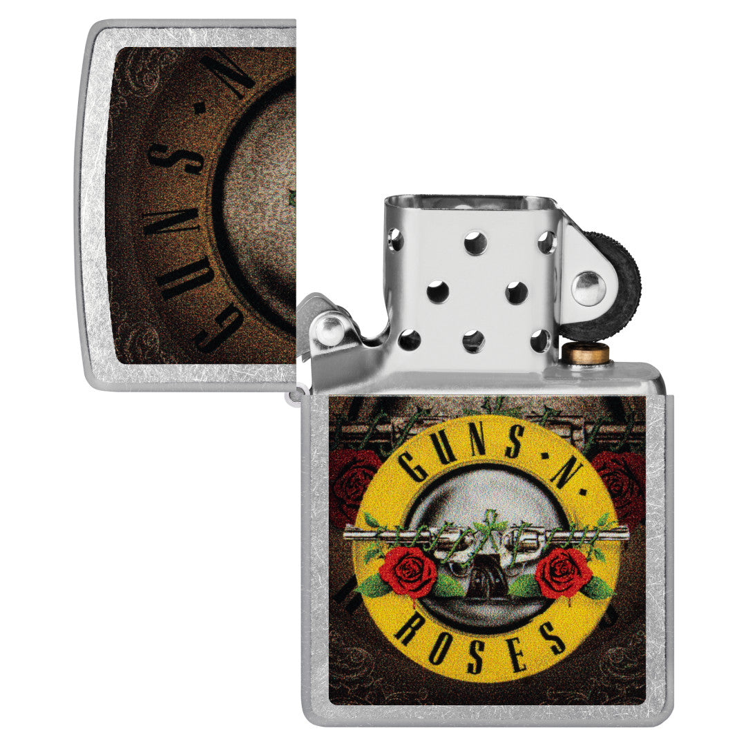 Zippo Guns N' Roses Logo Design Street Chrome Windproof Lighter with its lid open and unlit.