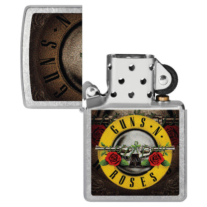 Zippo Guns N' Roses Logo Design Street Chrome Windproof Lighter with its lid open and unlit.