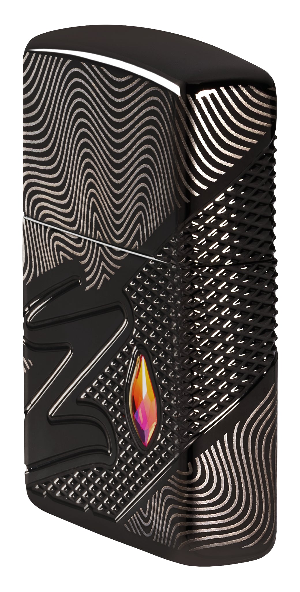 Angled shot of  Zippo Z Crystal Design Armor® High Polish Black Windproof Lighter showing the front and non-hinge side of the lighter.