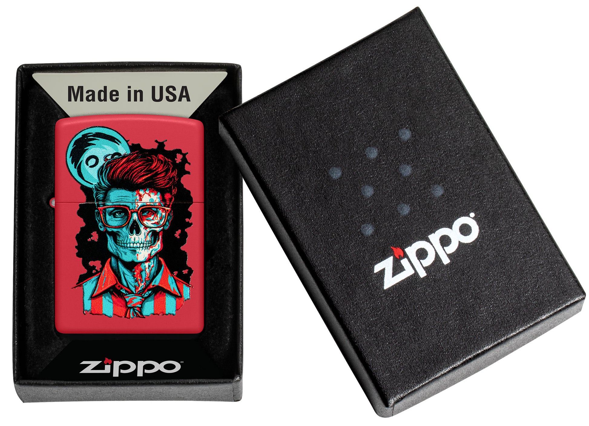 Zippo Dapper Skeleton Design Red Matte Windproof Lighter in its packaging.