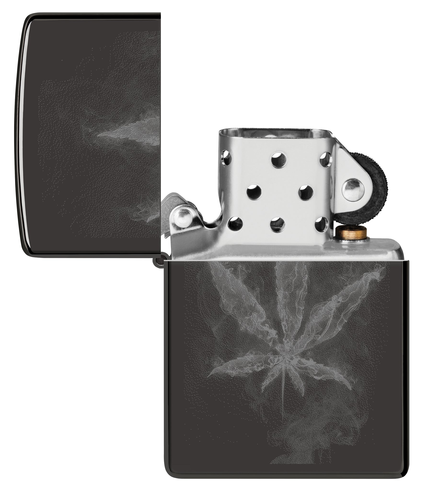 Zippo Wispy Leaf Design High Polish Black Windproof Lighter with its lid open and unlit.