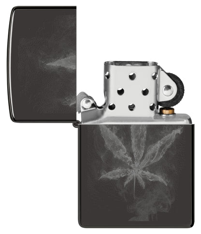 Zippo Wispy Leaf Design High Polish Black Windproof Lighter with its lid open and unlit.