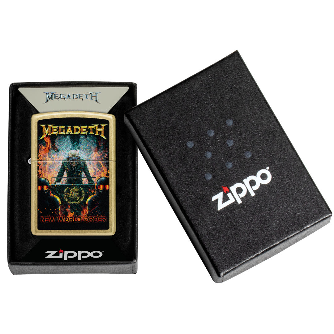 Zippo Megadeth New World Order Design Street Brass Windproof Lighter in its packaging.