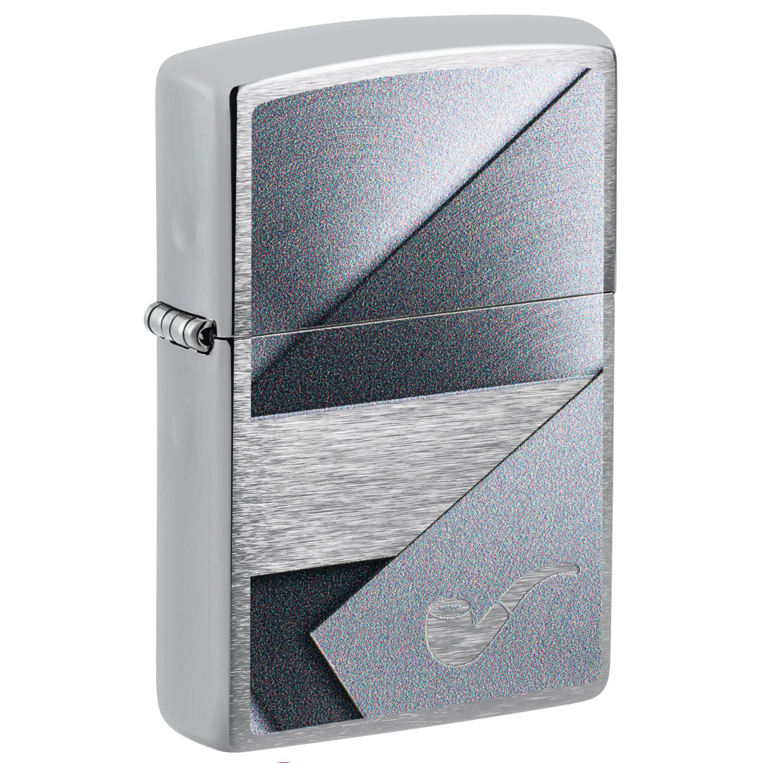 Front shot of Zippo Metallic Design Pipe Lighter Brushed Chrome Windproof Lighter standing at a 3/4 angle.