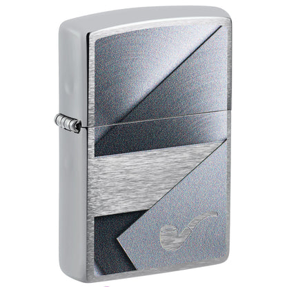 Front shot of Zippo Metallic Design Pipe Lighter Brushed Chrome Windproof Lighter standing at a 3/4 angle.