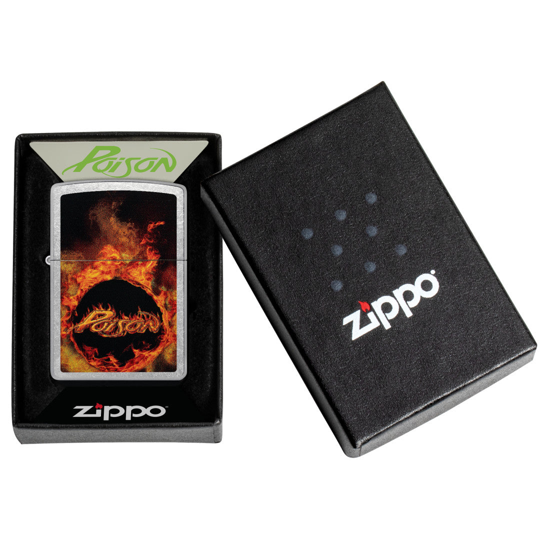 Zippo Poison Flame Design Street Chrome Windproof Lighter in its packaging.