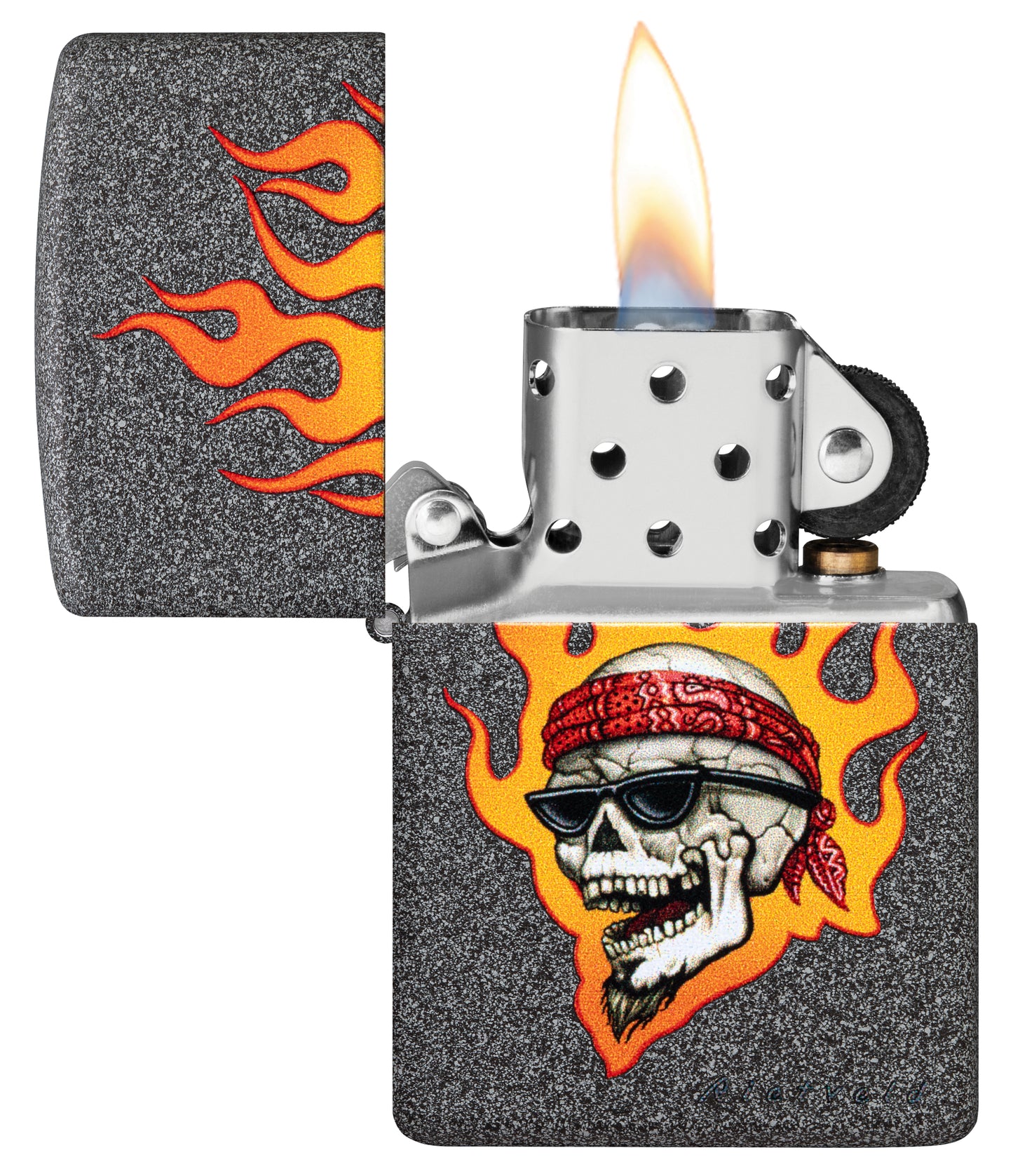 Zippo Rietveld Flaming Skull Design Iron Stone Windproof Lighter with its lid open and lit.