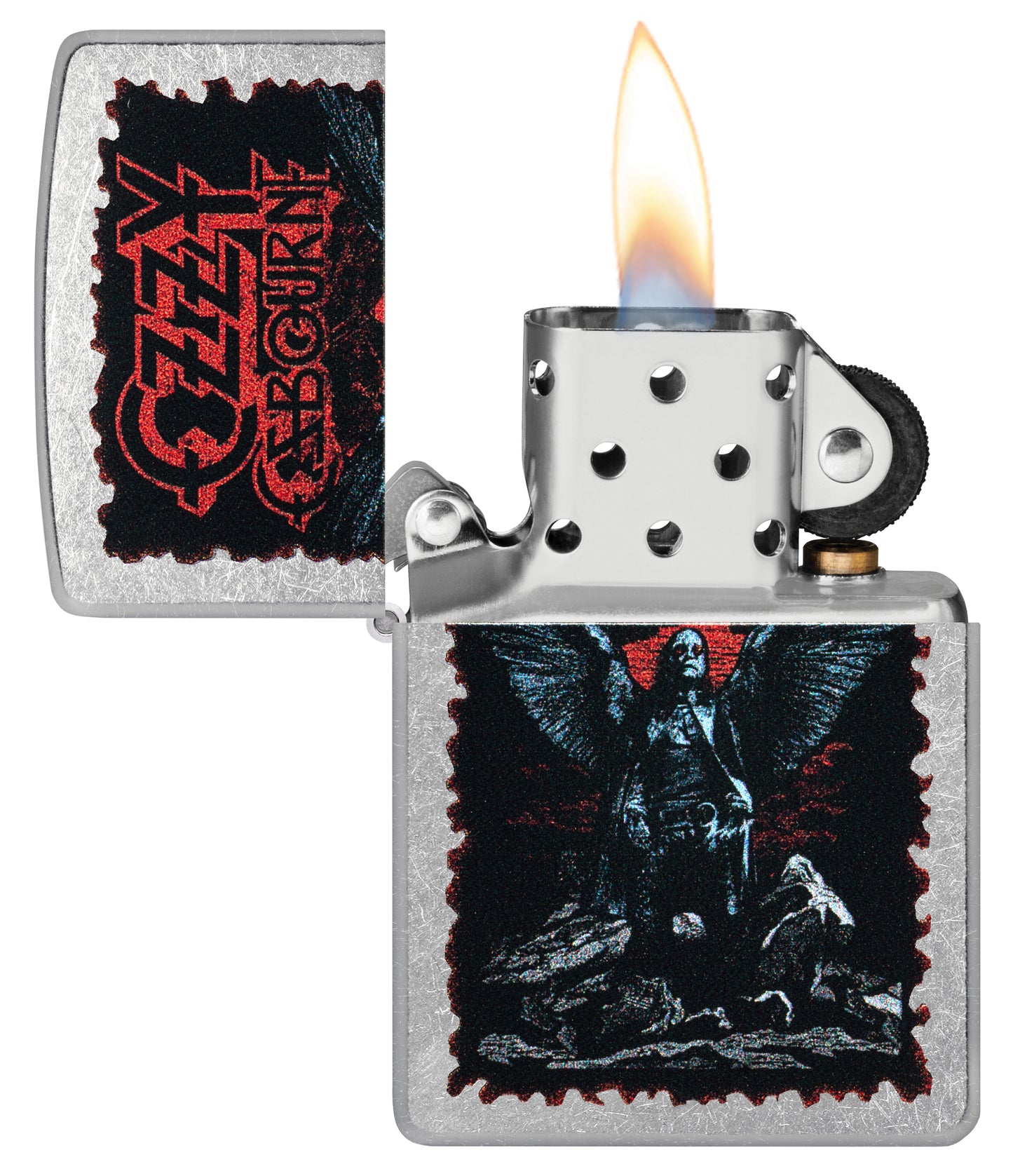 Zippo Ozzy Osbourne Angel Wings Design Street Chrome Windproof Lighter with its lid open and lit.
