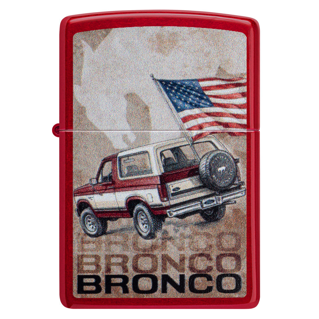 Front view of Zippo Ford Bronco Flag Design Candy Apple Red Windproof Lighter.