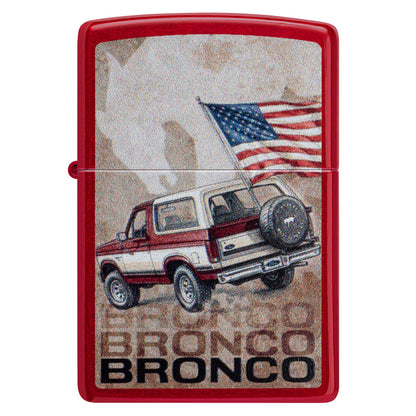 Front view of Zippo Ford Bronco Flag Design Candy Apple Red Windproof Lighter.