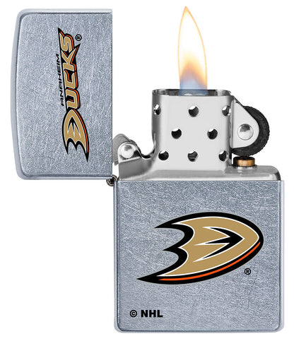 NHL Anaheim Ducks Street Chrome™ Windproof Lighter with its lid open and lit