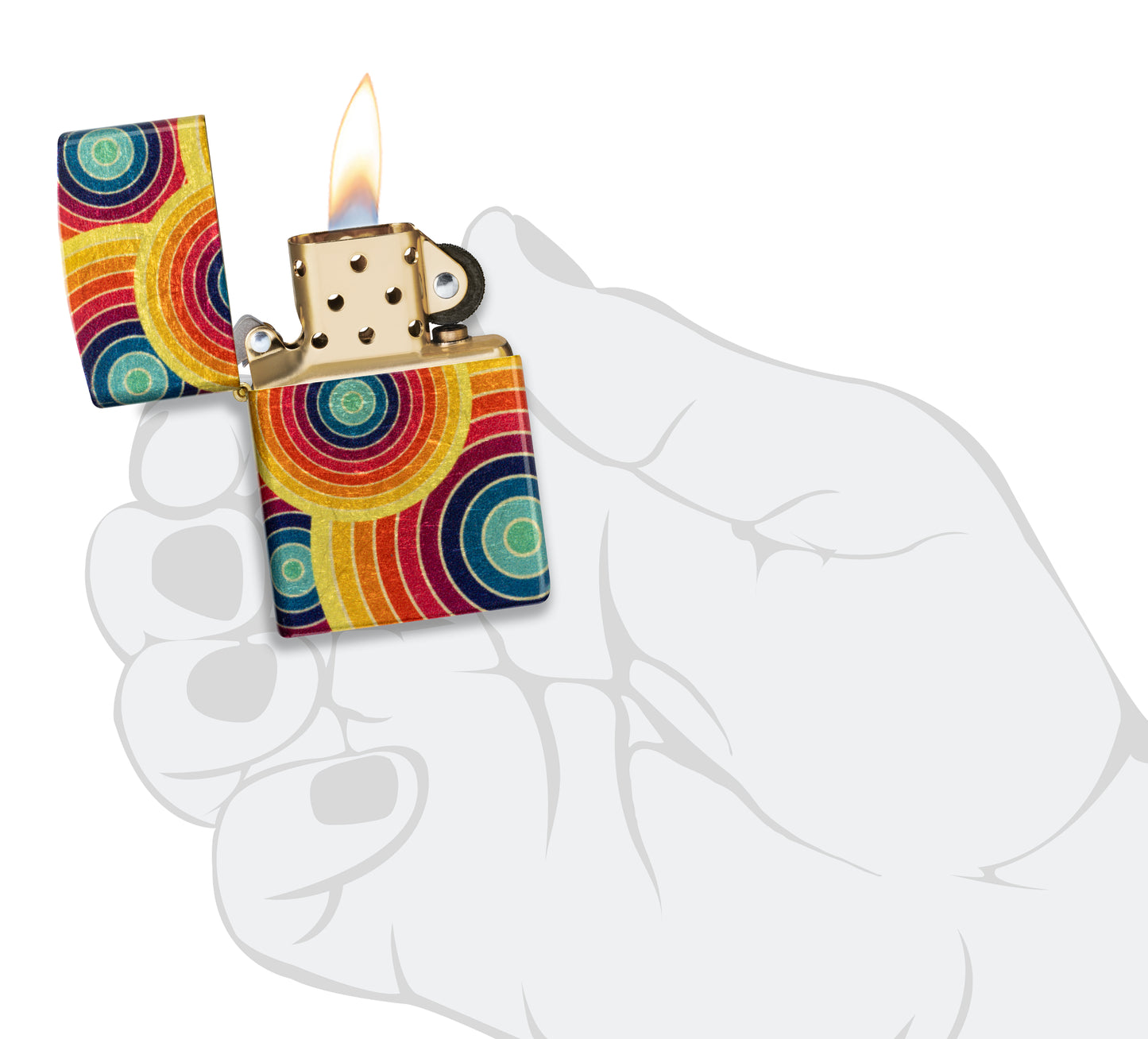 Zippo Funky Fusion Design 540 Tumbled Brass Windproof Lighter lit in hand.