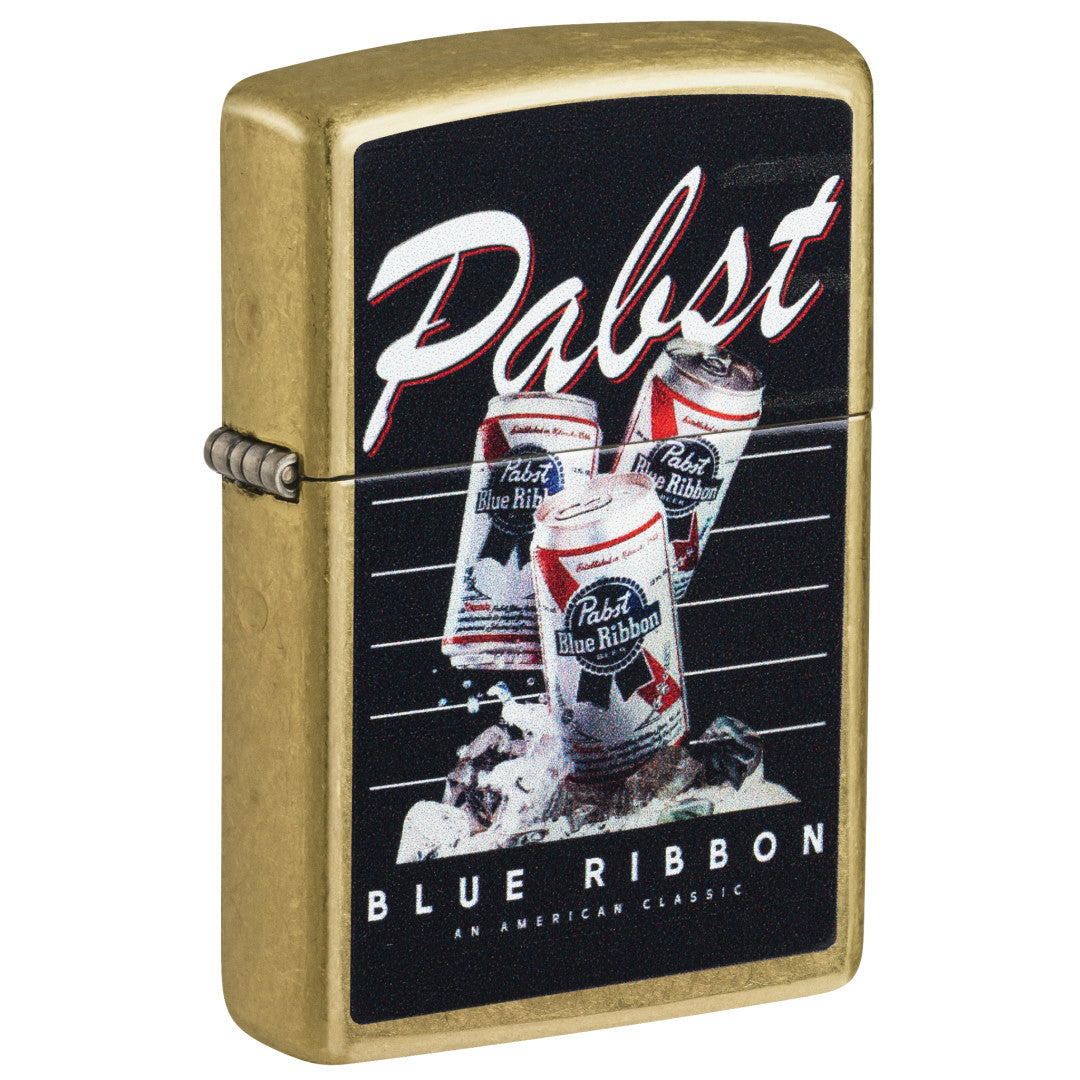 Front shot of Zippo Pabst Blue Ribbon® American Classic Design Street Brass Windproof Lighter standing at a 3/4 angle.
