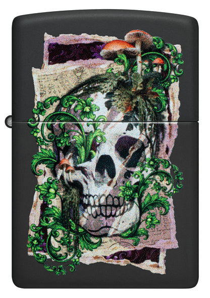 Front view of Zippo Skull Collage Design Black Matte Windproof Lighter.