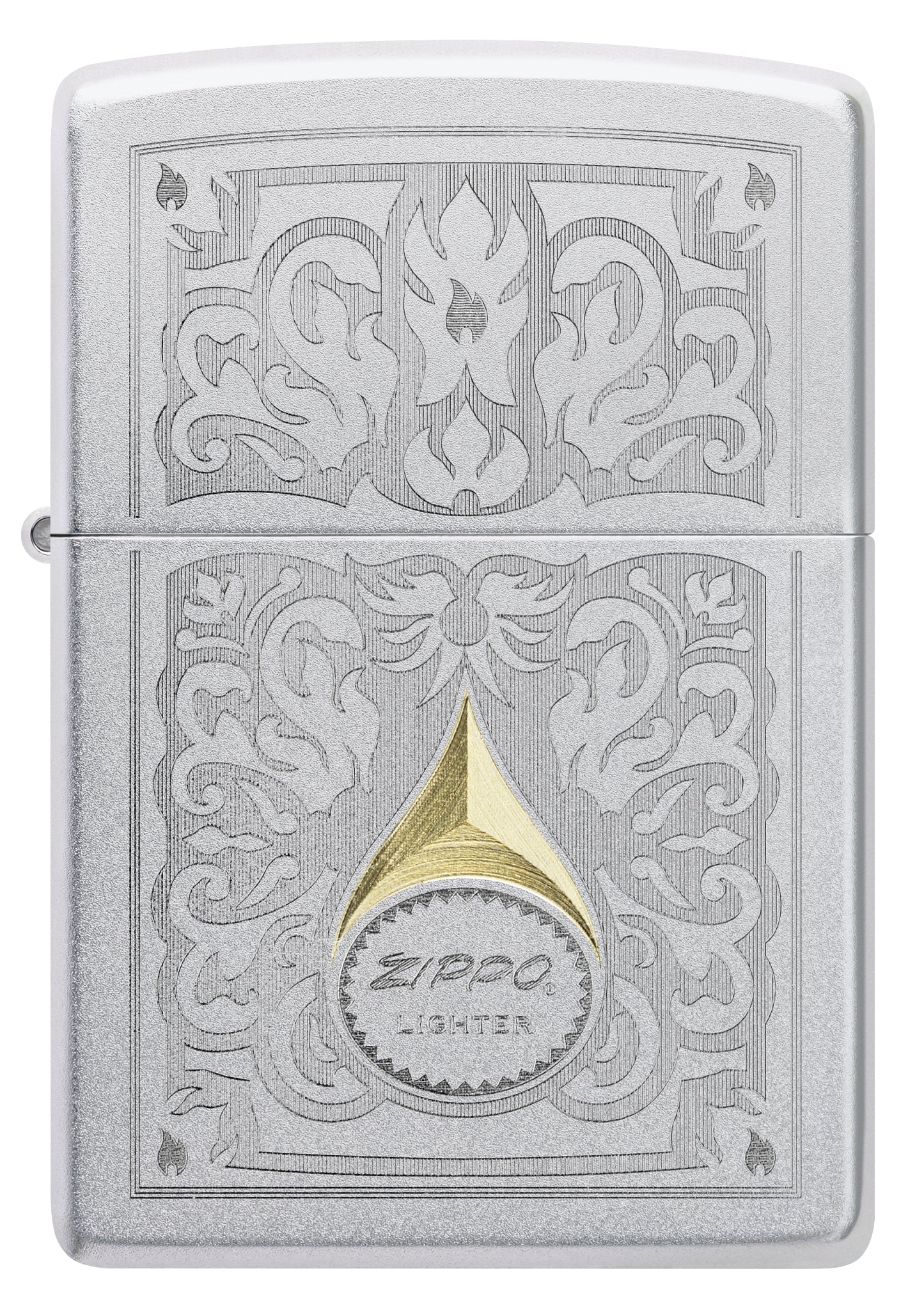 Front view of Zippo Vintage Filigree Design Satin Chrome Windproof Lighter.
