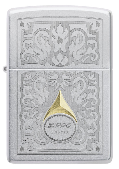 Front view of Zippo Vintage Filigree Design Satin Chrome Windproof Lighter.