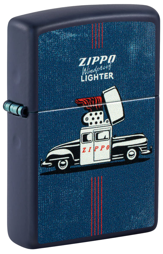 Front shot of Zippo Vintage Zippo Car Design Navy Matte Windproof Lighter standing at a 3/4 angle.